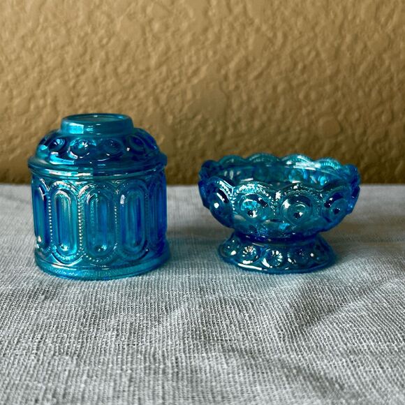 Mini L.E. Smith Mould Moon & Star Courting Fairy Lamps - Colonial Blu Carnival - - Picture 3 of 4